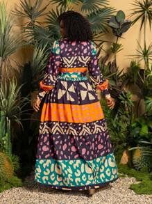 Faeriesty TribalChic Elegant Long-Sleeve Maxi Dress With Stand-Up Collar, Front-Button Placket & Adjustable Waist Belt – Bold Plus Size Abstract Art Print Design For Casual Brunches, Beach Escapes, Weekend Getaways, Art Gallery Visits, And Relaxed Daily Wear - Purple - View 2