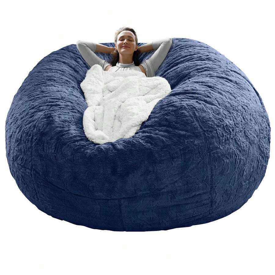 Bean Bag Chair Cover(No Filler) Soft Faux Fur Stuffed Animal Bean Bag Storage, Fluffy Plush Bean Bag Chair Cover Washable, Comfy Bean Bag Chairs For Adults - 深藍色 - 查看 1