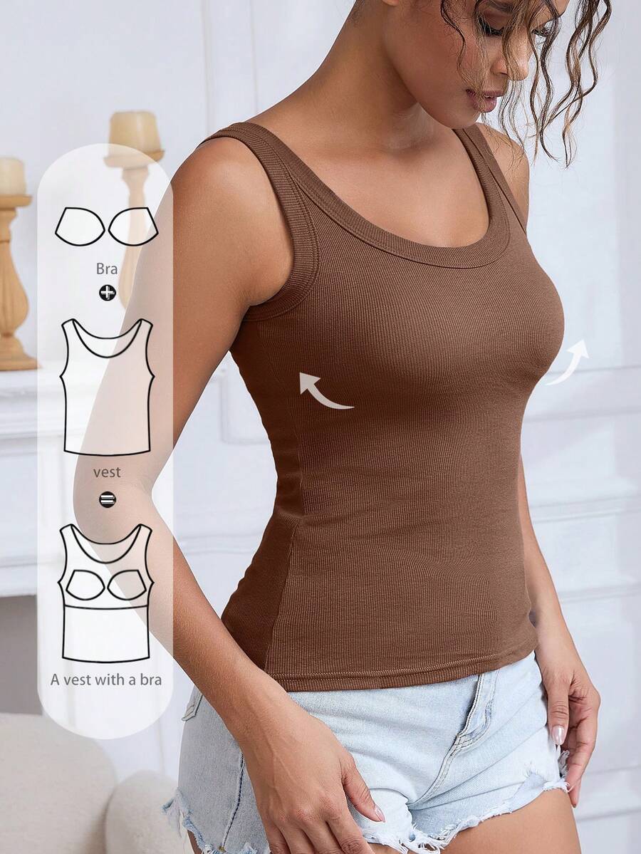 Áo ba lỗ đệm dệt kim gân cho nữ, kiểu dáng dài ôm sát, thiết kế tối giản thời trang, thoáng khí, áo ba lỗ dây rộng, có thể mặc riêng hoặc mặc như áo lót, tập luyện - màu nâu - Xem 1