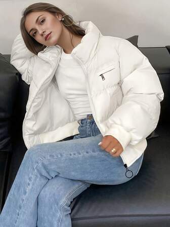 女士羽绒服，短款，漏斗领时尚外套，秋冬季，休闲拉链蓬松立领背心 - 长袖外套 - 秋冬季