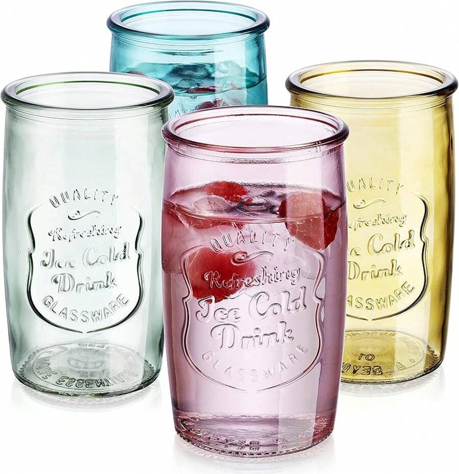 Vasos de Glaver - Juego de 4 vasos vintage auténticos de tipo Mason - Vasos de vidrio transparente para cócteles, agua, jugo - Vasos para beber con relieve vintage (Highball 18 Oz 7983) - Rojo - Ver 1