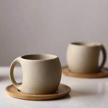 1 pieza Taza de café de cerámica hecha a mano multicolor con platillo de madera, 7oz/12.3oz, segura para microondas y lavavajillas, reutilizable, ideal para té, café o bebidas calientes