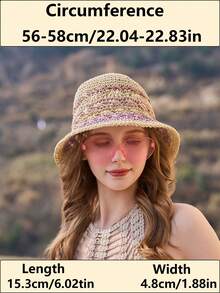 一款参考INS夏季韓式空心編織戶外防曬漁夫帽，休閒時尚透氣寬邊假日草編漁夫帽 - 卡其色 - 查看 6