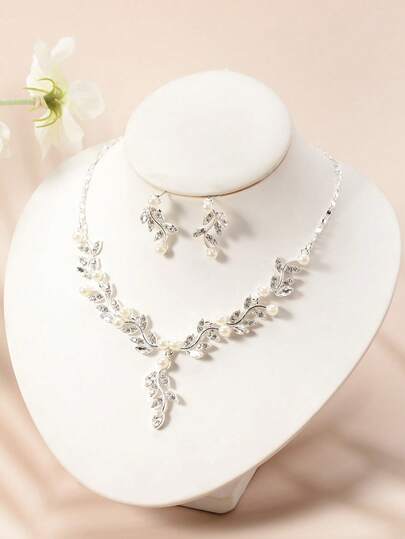 3 件套女士简约珍珠和水钻项链和耳环套装，适合婚礼和派对佩戴