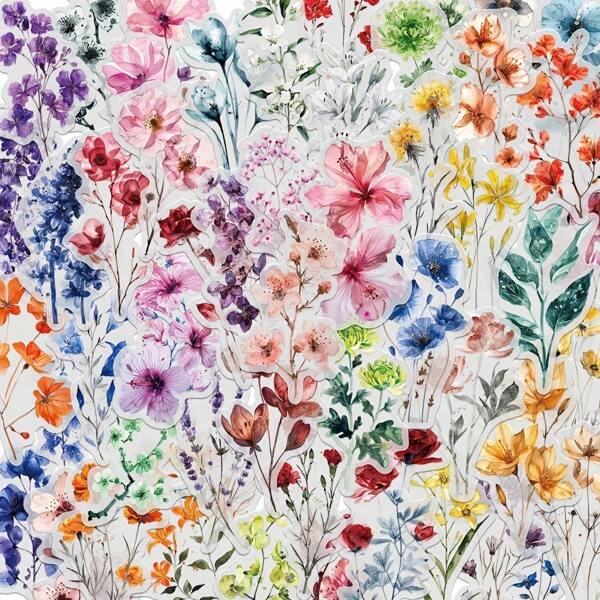 50pcs Watercolor Floral Cartoon Stickers - Matte PVC Self-Adhesive Stickers, Asymmetrical Shapes, Vibrant Mixed Colors, Suitable For DIY Crafts, Laptop, Phone, Luggage Decoration, Cute Stickers, Personal Item Decoration, Playful Aesthetics