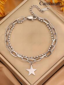 Camhanno 1 件前卫银色不锈钢手链，具有独特的心形设计和优雅的特点，适合派对礼物和休闲穿着，风格可爱，风格简约，可作为备用配件