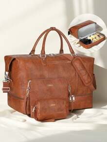 3PCS Travel Duffel Bag, Weekend Travel Bag With Shoe Compartment And Pockets, Travel Business Essential Toiletries Gift, Wet And Dry Separation Handbag With Handle And Back Pocket, Fashionable And Casual Style, With Trolley Case Cover On The Back Bag For School School Accessories School Stuff