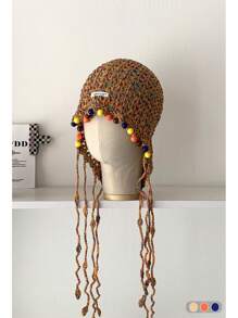 1pc Handmade Crocheted Tassel Tie Hollow Breathable Knitted Beanie Hat For Women, Colorful Floral Pattern, Large Size Fits All, Warm Ear Protection, Casual Versatile Knit Cap For Autumn/Winter