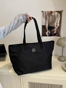 1pc Stylish Solid Color Minimalist Large Capacity Shoulder Tote Bag, Tote Bags For School,College Essentials - Black - View 3
