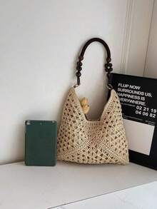 Dedoo Large Capacity Vacation Style Hollow Straw Handbag, Bohemian Woven Shoulder Bag, Casual Retro Romantic Style With Tri-Color Interwoven Diagonal Geometric Pattern, Visually Rich Layered Design, Bright And Soft, Suitable For Travel, Beach, Summer Outings, Gifts - Beige - View 9