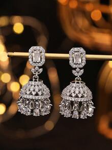 1 Pair Luxury Elegant Zirconia Embedded Wind Chime Earrings, Fashion & Versatile Jhumka Style, Suitable For Women's Daily, Festival, Wedding And Party Wear/Jewelry Gift - Multicolor - View 12