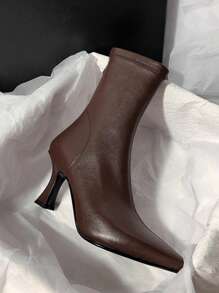 2025秋冬新款棕色高跟踝靴女款，尖头弹力修身羊毛靴，时尚优雅，猫跟靴，派对靴 - 棕色 - 查看 5