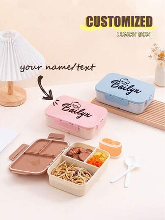 1pc Customizable Flip-Top Bento Box, Supports Artistic Text & Large Area Customization, Portable, Waterproof, Leak-Proof, Suitable For Outdoor, Travel, School, Office Use, Includes Sauce Compartment & Utensils, Four-Side Lock Design, Multiple Color Options, Create Your Own Personalized Lunch Box
