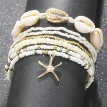 Set de 7 piezas Pulsera de estilo bohemio con cuentas de conchas y colgante de estrella de mar, Set de pulseras para mujeres (colores de cuentas aleatorios)