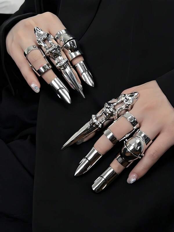 1/2pcs Unique Mechanical Stainless Steel Metal Exoskeleton Knuckle Rings, Adjustable Geometric Flexible Finger Rings, High-End Accessories For Daily Wear