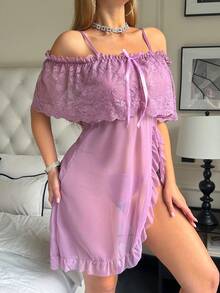 2pcs/Set Mesh Sheer Sexy Lingerie Slip Dress With Slit, Off Shoulder Camisole And Shorts - Purple - View 3