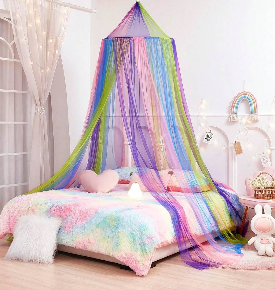 Rainbow Bed Canopy For Girls, X-Large Princess Bed Canopy Rainbow Bedroom Accessories Decor,Girls Mosquito Net Dome Canopy For Twin To King Size Bed - Pink - View 1