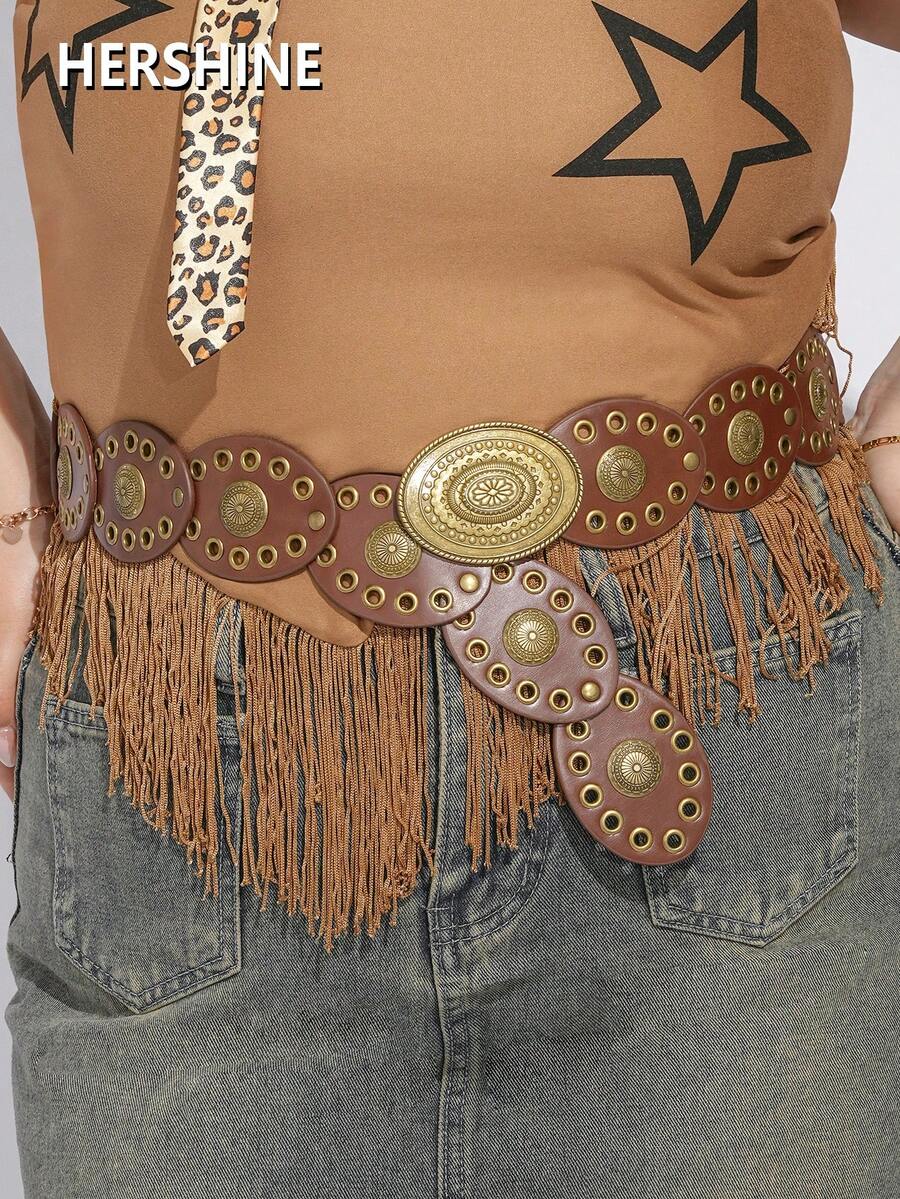 Hershine Cinto vintage estilo cowboy/cowgirl boêmio, decorado com fivela oval de bronze antigo, ilhós e detalhes florais. Acessório moderno em couro PU, ideal para usar com vestidos, saias, macacões, no trabalho, no outono, em férias e no Halloween.