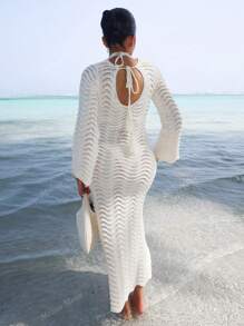 Melissa Matos Vestido Suéter de Playa con Mangas Acampanadas de Onda Calada de unicolor, Sexy