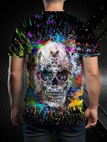 男士3D嘻哈骷髅涂鸦图案印花T恤，短袖圆领T恤，夏季户外男士 - 彩色 - 查看 2