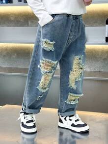 Boys' Loose Fit Distressed Casual Denim Jeans, Suitable For Daily, School, Outdoor Wear, Autumn