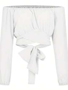Cropped Feminino de Cor Sólida com Cruzado nas Costas - Ombro à Mostra, Manga Longa, Tecido Elástico, Comprimento Regular, Top Sexy, Adequado para Estilo Fofo/Y2K - Perfeito para Verão Branco de Outono - Branco - Visão 2