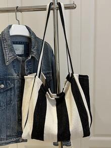 Casual Striped Large Capacity Simple Shopping Tote Bag For Shopping, Vacation, School - Black - View 3