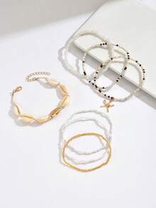 7pcs Fashionable Minimalist Boho Starfish Seashell Beaded Braided Anklet, Women Beach Vacation Party Daily Outfit Gift