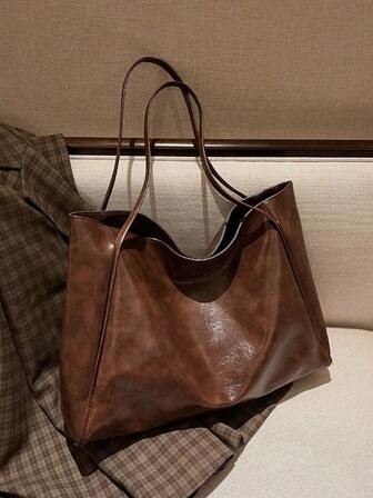 大容量单肩托特包，复古设计大容量托特包，女士真皮手提包女单肩包复古秋季大容量旅行购物