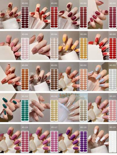 22/44/66/88片装免烤灯软胶美甲贴纸，简约纯色美甲按压式贴纸，哥特风闪粉全覆盖美甲贴纸，多种尺寸可选，黑色、白色、红色、圣诞节、万圣节、深绿色、粉色、黄色、香槟金等多种颜色。