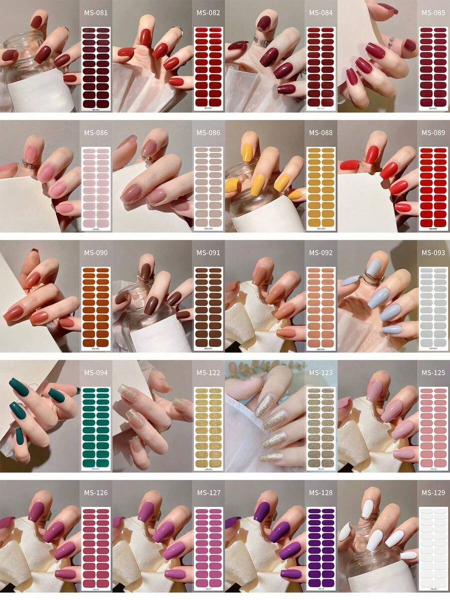 22/44/66/88片装免烤灯软胶美甲贴纸，简约纯色美甲按压式贴纸，哥特风闪粉全覆盖美甲贴纸，多种尺寸可选，黑色、白色、红色、圣诞节、万圣节、深绿色、粉色、黄色、香槟金等多种颜色。 - 彩色 - 查看 1