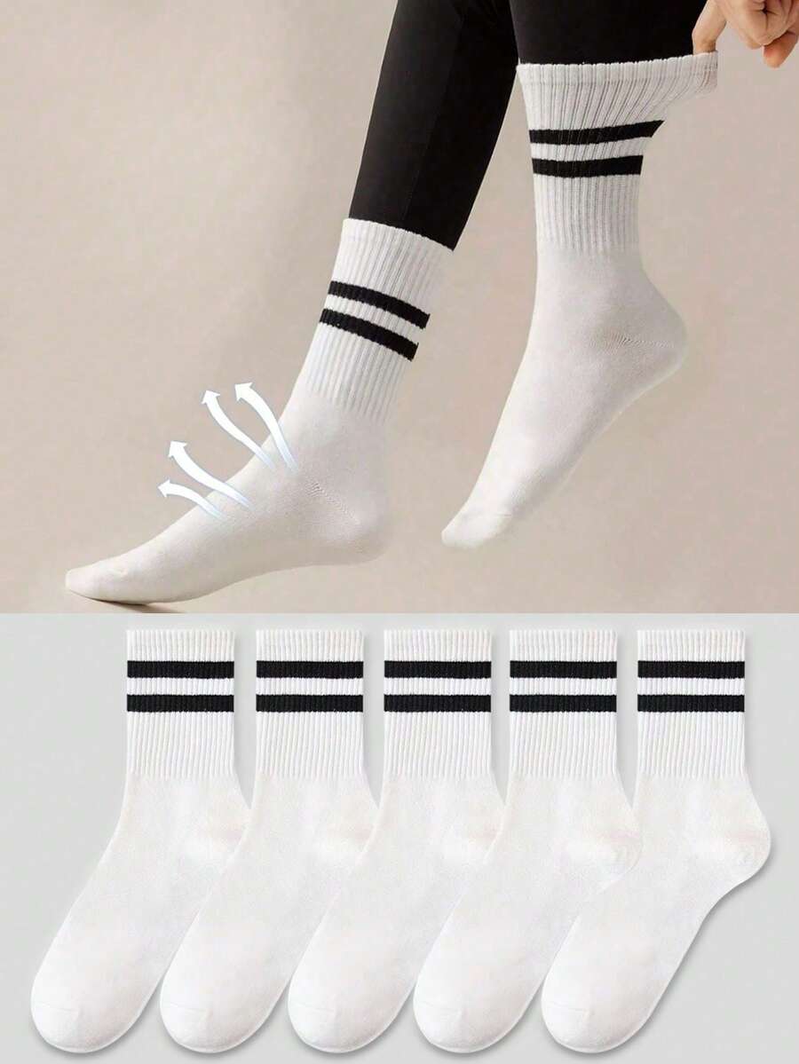 1/3/5/10 Pairs Of Women's Crew Socks, Socks,White Socks,Women Socks,Cute Socks,Girls Socks, Autumn/Winter/Spring/Fall Socks,Mesh Breathable Details, Guide Rail Breathable Hole Design, Moisture Wicking, Soft And Smooth, Suitable For Various Holidays, Sports, Leisure, Business And Other Daily Wear, Can Be Worn All Year Round, Color Combinations Are Random. - White - View 1