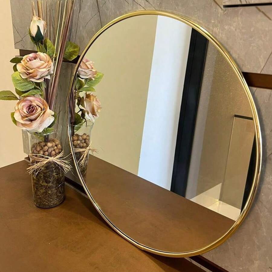 Round Mirror Metal Frame Large Bedroom Bathroom Living Room - Vàng - Xem 1