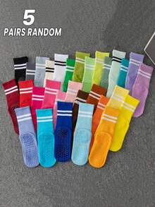 1/5/10双/包 女款随机春秋款双条马卡龙色脚底硅胶带抓地力适合室内瑜伽普拉提拉力健身舞蹈搭配瑜伽裤运动服中筒袜