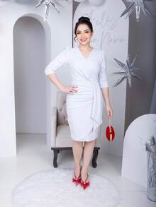 Women's Midi Wrap Dress In Tailored Knit With Princess Sleeves And Wrapped Band V-Neck Modern Elegance In Various Colors - White - View 4