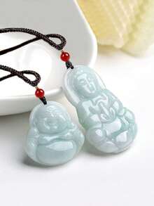 天然 A 级翡翠风水观音佛像吊坠项链，冰种翡翠石吊坠，时尚男女通用幸运护身符项链，夏季畅销商品 - 淺綠色 - 查看 6