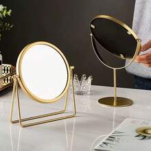 1pc Iron Makeup Mirror,Round Metal Vanity Mirror,Compact Tabletop Rotating Cosmetic Mirror For Home,Bedroom,Dorm' - Gold - View 6