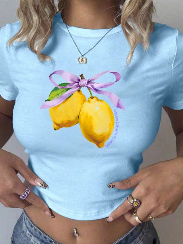 Women's Summer Letter Fruit Printed Cropped Round Neck Short Sleeve Silm Fit Casual T-Shirt,Lemon & Bow Graphic Tees Women Tops,For Summer Women Tee