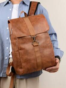 PU Backpack Leather Leisure Backpack Flip Buckle Men And Women Commuter Computer Bag Motorcycle Retro Backpack Multi-Pocket Fashion Bag Can Be Used As A Gift Bag For School School Accessories School Stuff - Multicolor - View 4