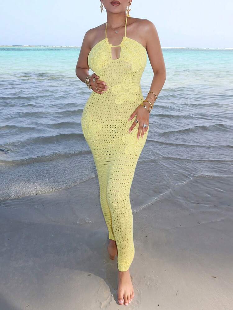Melissa Matos فستان صيفي محبوك بتصميم أجوف مزين بالأزهار، بياقة بشكل حلقة للنساء - أصفر - مشاهدة 3