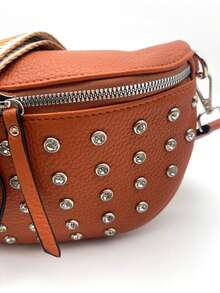 女士休闲腰包，复古 PU 腰包，户外多口袋旅行胸包 - 橘色 - 查看 2