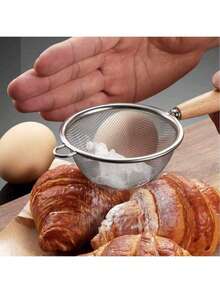 1 件不锈钢细网厨房滤网，带木柄的撇油器，耐用面粉筛烘焙工具 - 銀色 - 查看 5