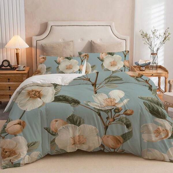 Juego de ropa de cama romántica de 2/3 piezas con estampado de flores, juego de ropa de cama suave de poliéster romántico, juego de ropa de cama con estampado de moda, funda nórdica suave y cómoda, para dormitorio, habitación de invitados (1 * funda nórdica + 1/2 * funda de almohada, sin relleno)