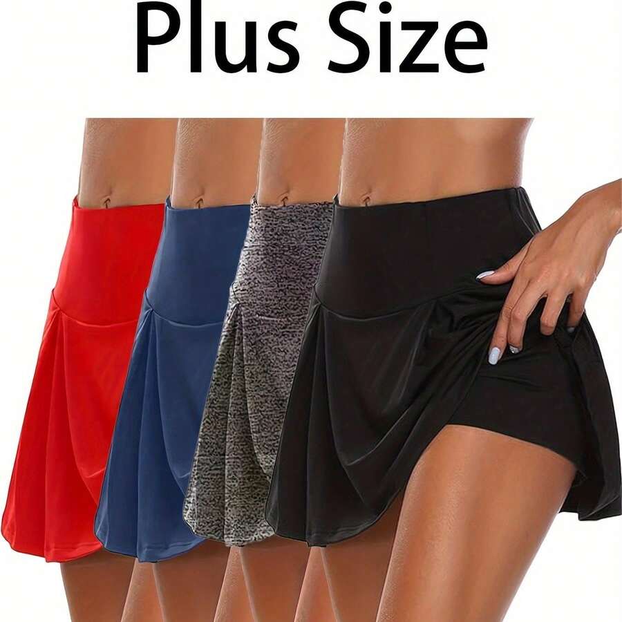 Plus Size 4pcs Set Of Women'S Flowing Running Shorts, Gym Yoga Exercise, Tennis Skirt, Sports Short Skirt, Cute And Fashionable Clothing, Summer - Mixed Color - 查看 1