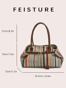 FEISTURE 1pc Colorful Woven Tote Bag, Large Capacity, Strap Decor, Magnetic Closure, Suitable For Daily Commute, Shopping, Vacation Travel - Brown - View 9