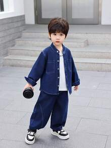 2 件套幼儿/小男孩宽松纯色牛仔夹克和裤子套装，适合日常、上学、户外、休闲装、秋季