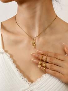 Conjunto de 3 peças de colar e brincos de aço inoxidável com rosas, joias elegantes e estilosas para presentear mulheres, adequadas para uso diário, festivais, encontros, noivados e casamentos