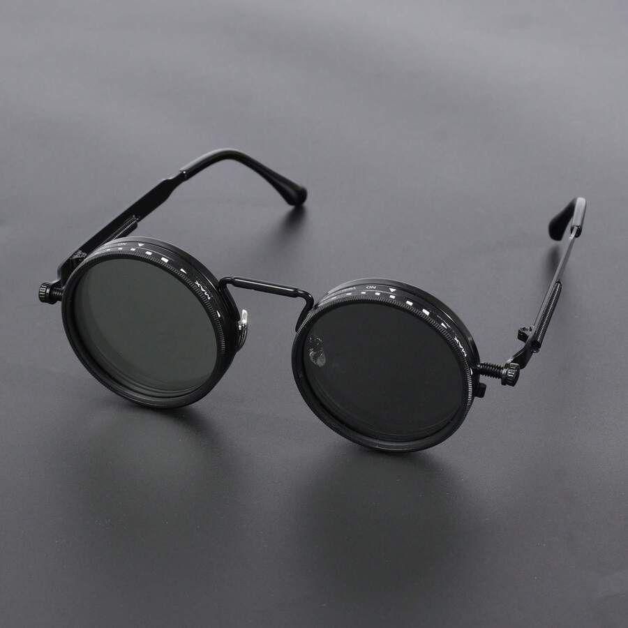 Round Glasses ND9 Adjustable Dimming Glasses Men Women Retro Punk Men's Fishing Outdoor Glasses - 黑色 - 查看 1