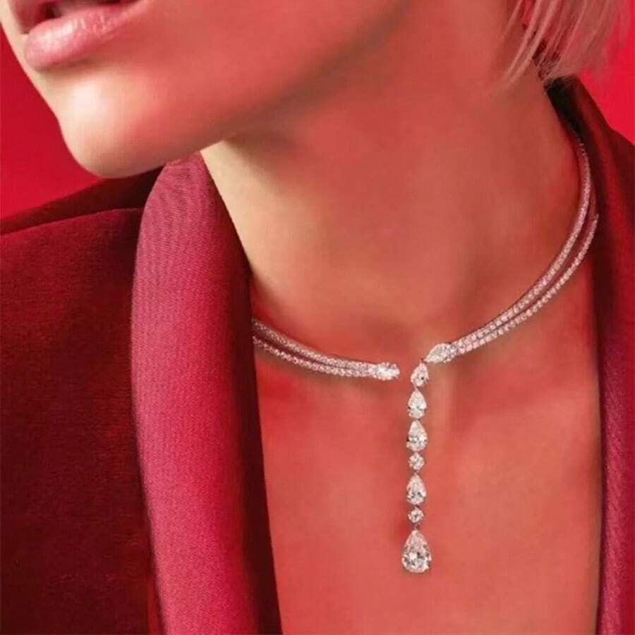1pc Glamorous Zirconia Sparkling Drop Open Choker, Suitable For Parties, Ball, Weddings - Water Drop - View 1