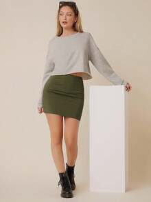 Falda corta de tubo de cintura alta básica para mujer - Verde militar - Ver 1